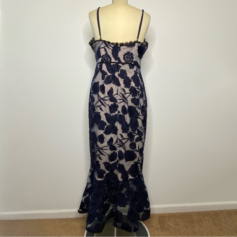 Lulus Alluring Dream Navy Blue Floral Mesh Lace Trumpet Midi Dress - Picture 6 of 15